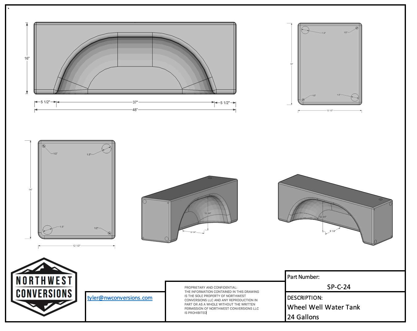 NW Conversions 24 Gallon Wheel Well Water Tank - Centered (SP-C-24)